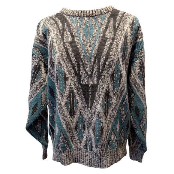 80s 90s Vintage Mens Geometric Patterned SweaterTeal Gray Black Silver Grandpa